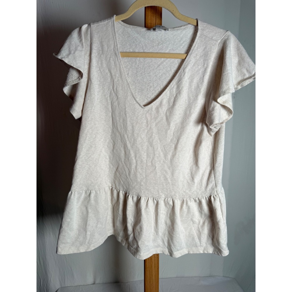 Loft Outlet Womens V-Neck Flutter Sleeve Peplum Top Oatmeal Heathered Beige L